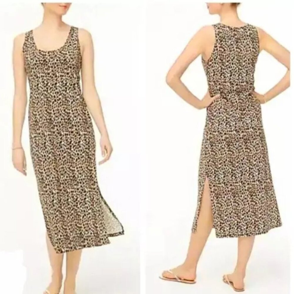 J. Crew Tan Black Cat Animal Print Scoopneck Sleeveless Maxi Dress Size Large